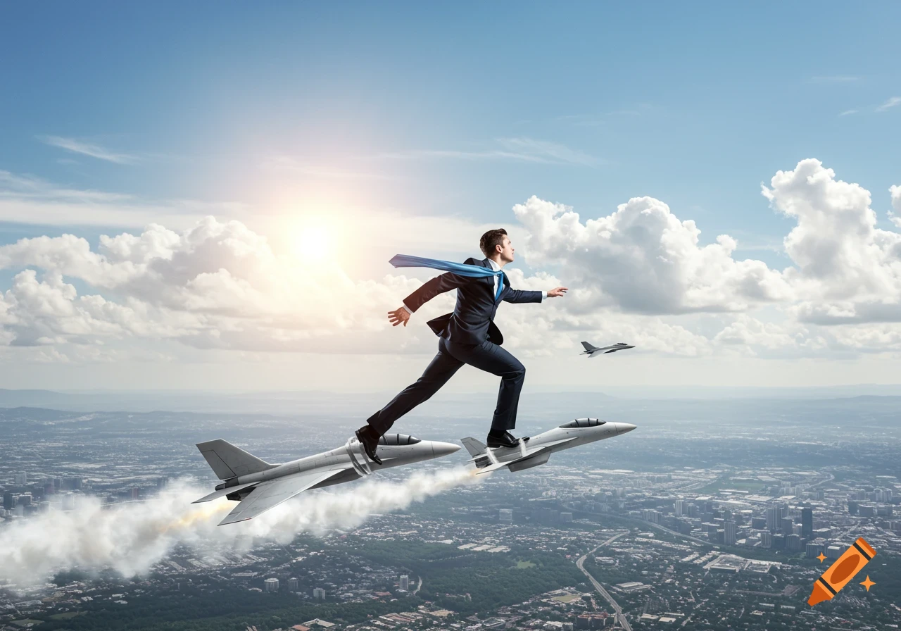 Photorealistic image of a businessman flying high above a city, standing on two jet planes strapped to his feet.