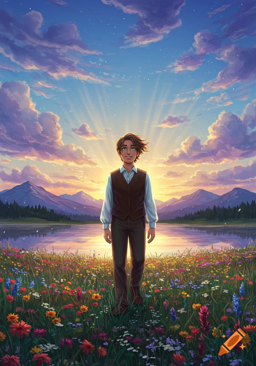 An illustrated young person with green eyes stands in a vibrant wildflower field at sunset, with a lake and mountains in the background.