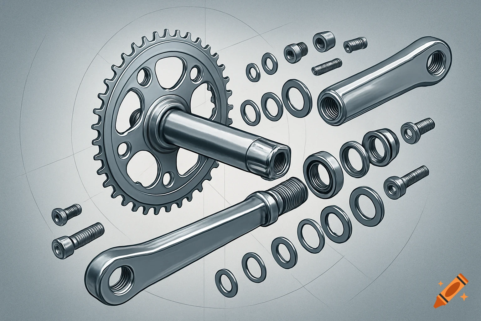 Exploded view of bicycle crank components, including a chainring, axle, pedals, bolts, nuts, and washers, on a light gray background.