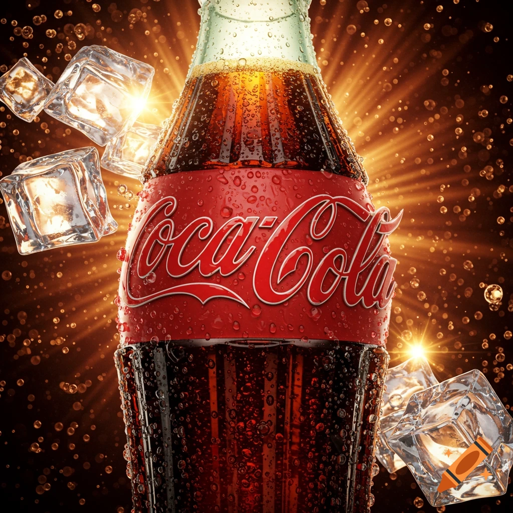 Photorealistic close-up of a sweating Coca-Cola bottle surrounded by ice cubes, with sparkling bubbles and golden light rays.