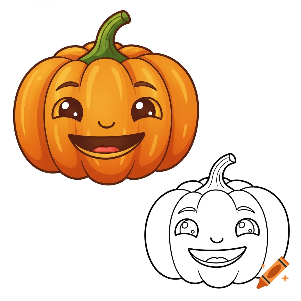 A cute cartoon smiling pumpkin in color next to a black and white line art version.