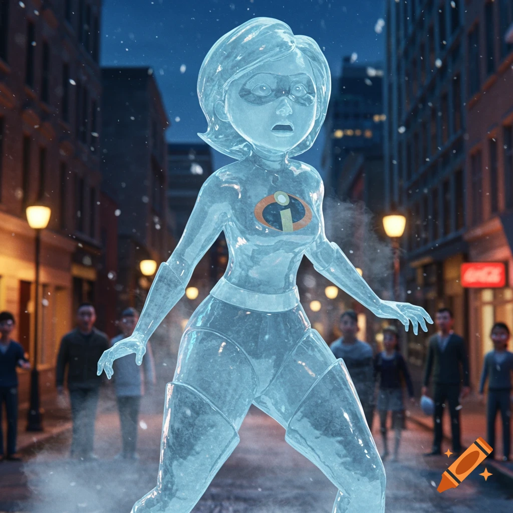 An ice statue of Elastigirl stands surprised in a snowy city street at night, with onlookers in the background.