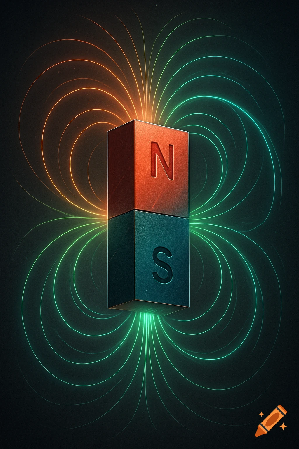 A red and blue bar magnet with 'N' and 'S' labels, surrounded by glowing orange and green magnetic field lines on a dark background.