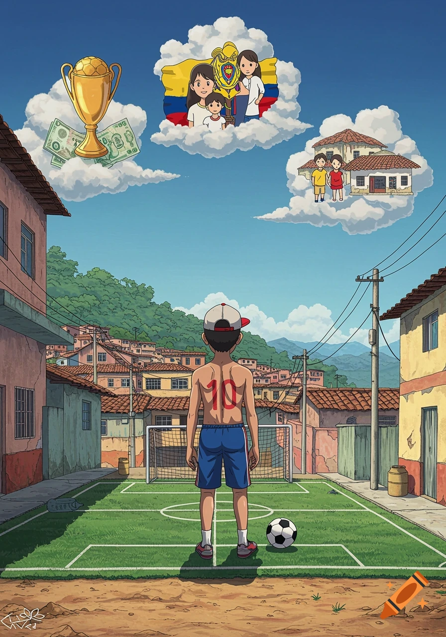 Anime illustration of a boy with number 10 on his back in a Colombian 'barrio' soccer field, gazing at dream clouds of a trophy, money, family, and a house.
