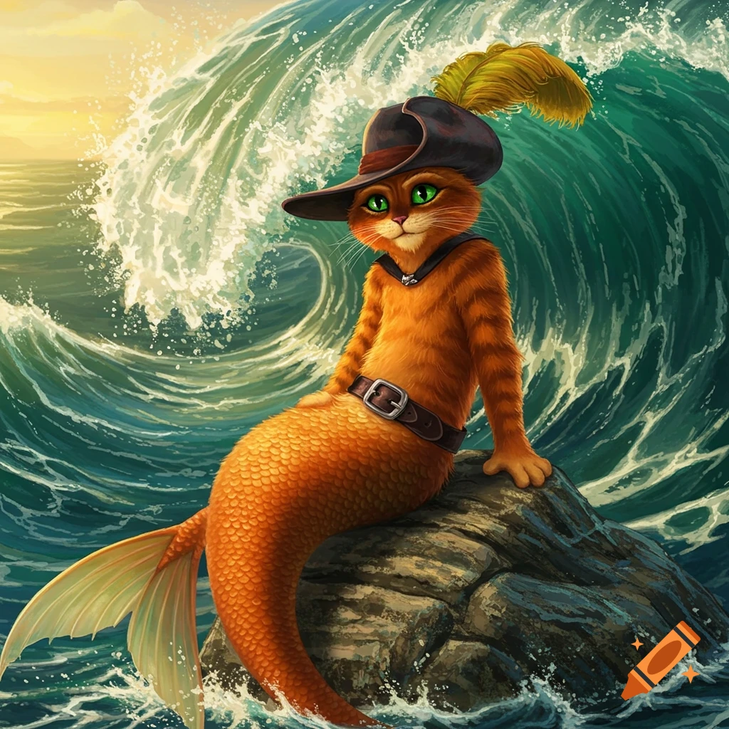 Puss in Boots with an orange mermaid tail sits on a rock in the ocean with large waves behind him, under a sunny sky. Stylized illustration.