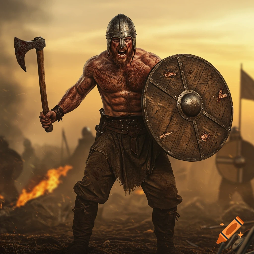 A muscular, bloodied Viking warrior in a helmet yells, holding an axe and a wooden shield on a fiery battlefield at sunset.