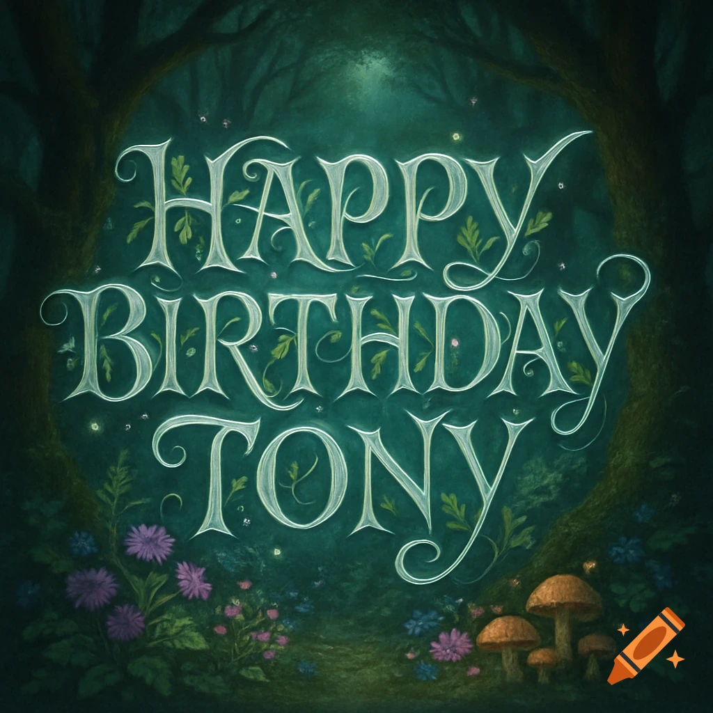 Decorative 'Happy Birthday Tony' text in a magical forest setting with trees, flowers, and mushrooms.