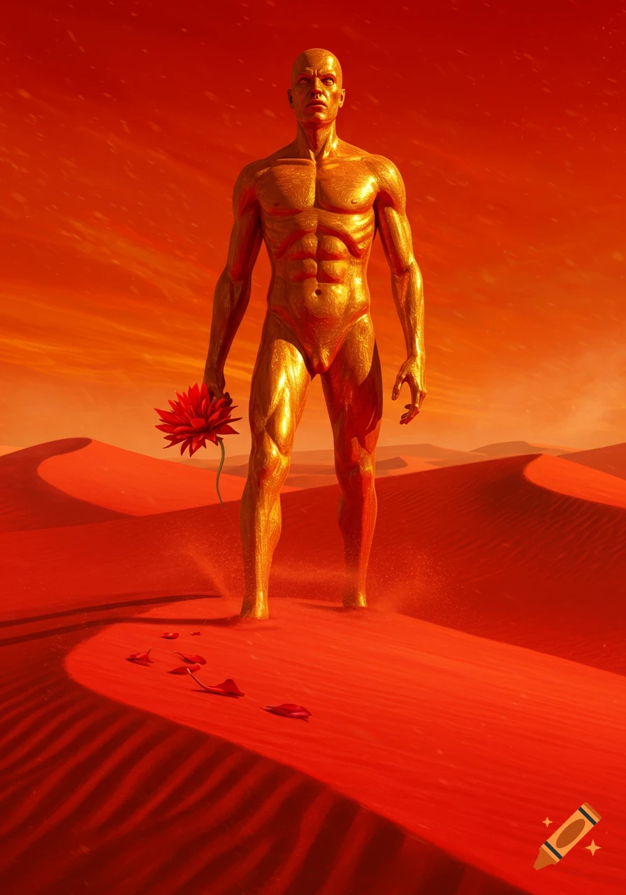 A muscular, gold-skinned man stands dramatically in a red desert, holding a single red flower.
