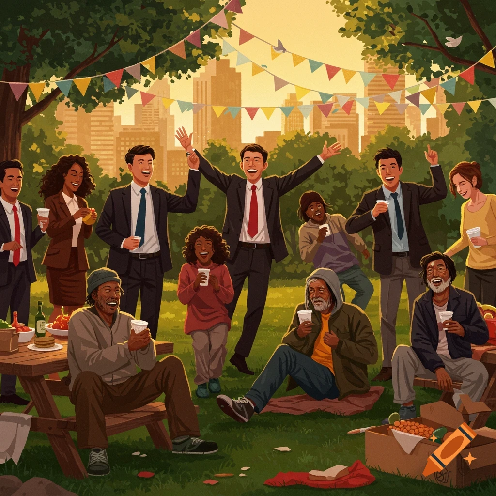 Diverse group of people, including businesspeople and homeless individuals, celebrating in a park with a city skyline backdrop, in an illustrative style.