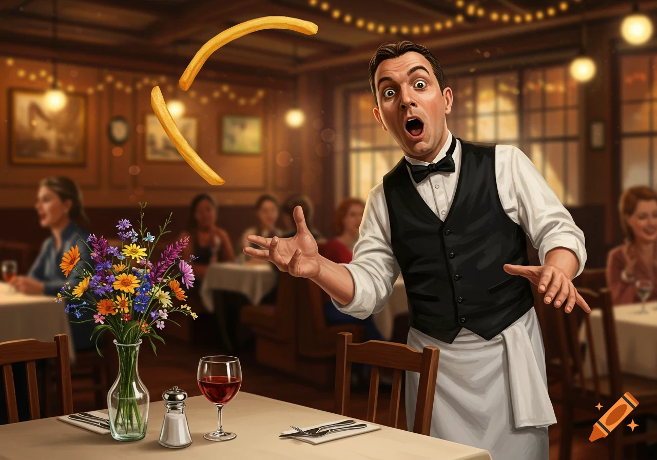 A surprised waiter in a restaurant watches two french fries float in the air above a table with flowers and wine. Detailed illustration.