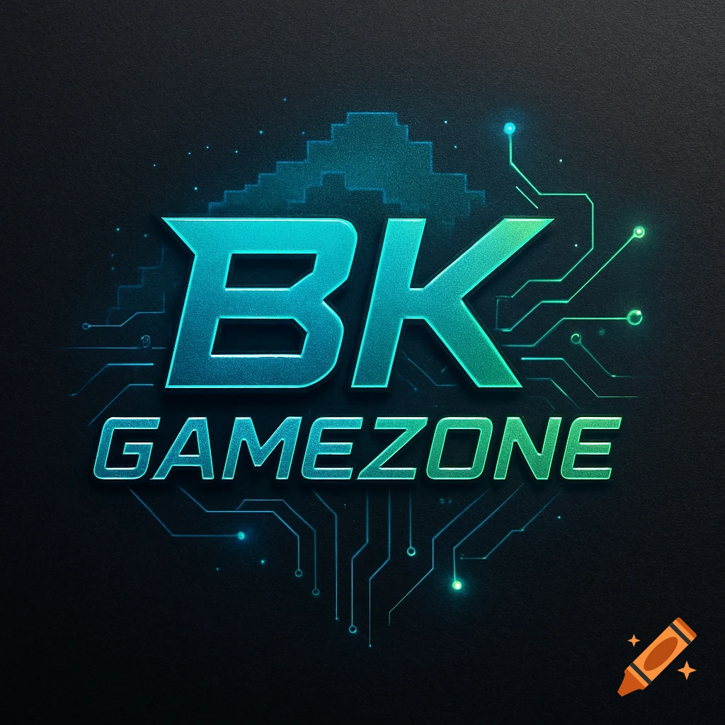 A metallic blue and green 'BK GAMEZONE' logo with circuit board lines and pixelated background elements on a dark textured surface.
