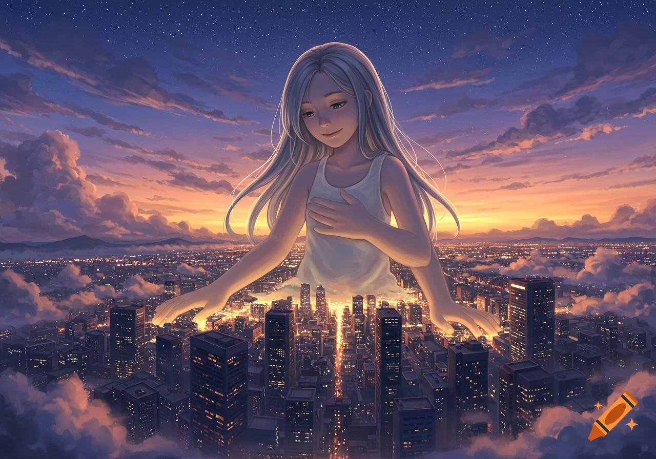 Giant anime girl with white hair overlooking a vibrant city at sunset, her arms extended over the illuminated buildings.