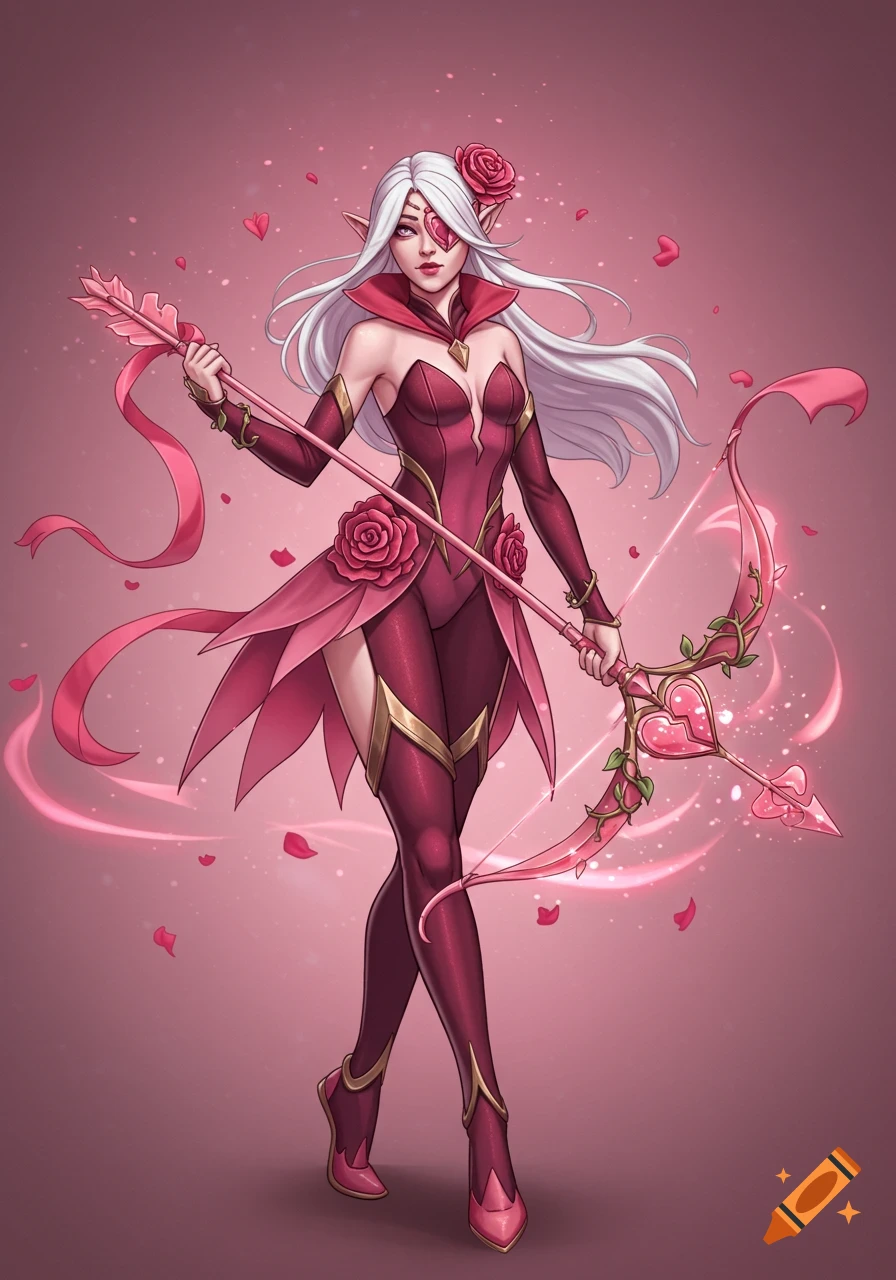An elf-like character with long white hair, a heart eyepatch, and a pink bodysuit holds a rose-themed bow and arrow, surrounded by rose petals.