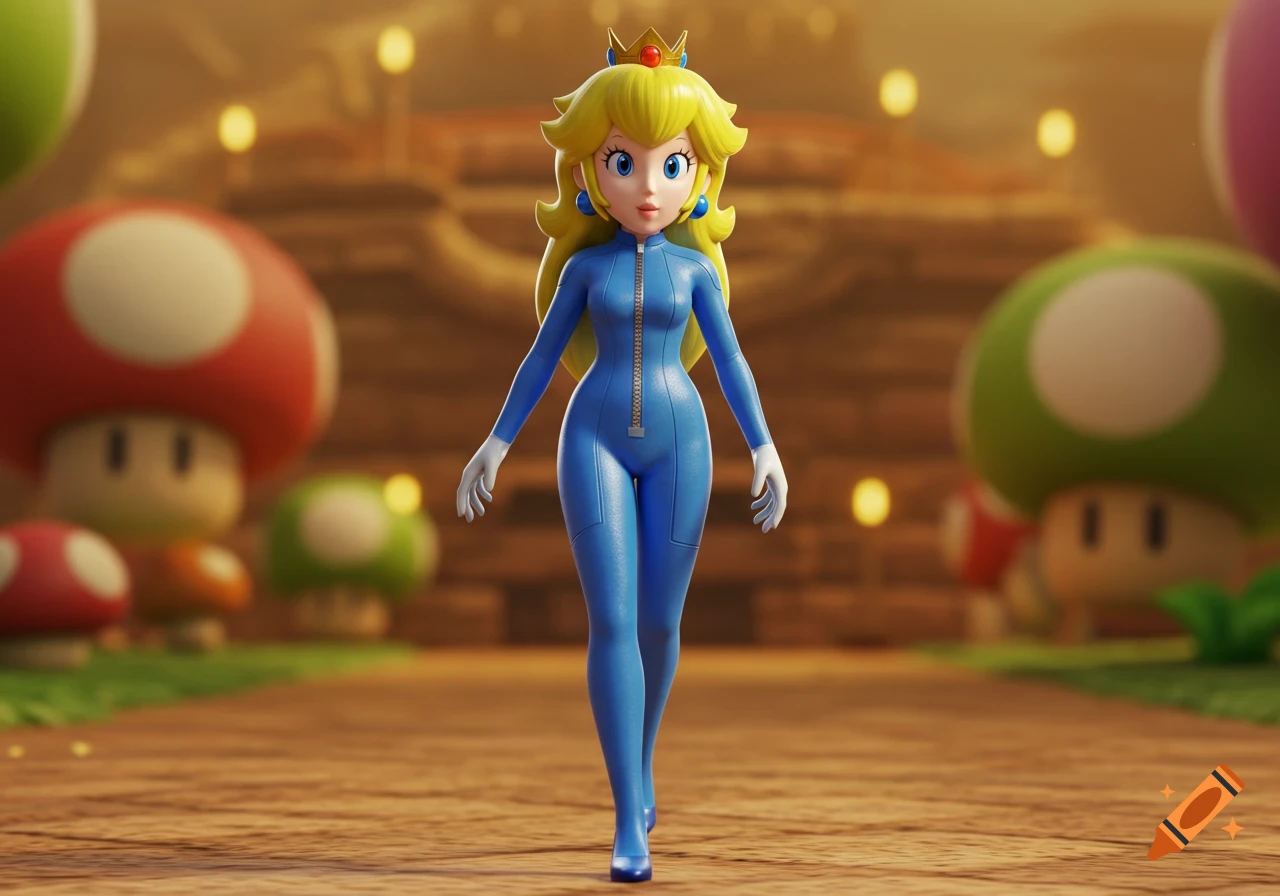 3D render of Princess Peach in a blue jumpsuit and white gloves, walking in a Mario-themed environment with mushrooms.