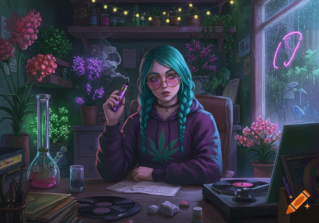 An illustrated teal-haired woman with braids and pink sunglasses wears a weed-leaf hoodie, vaping at a desk with a bong, vinyl records, and glowing plants in a cozy, neon-lit room with rain outside.