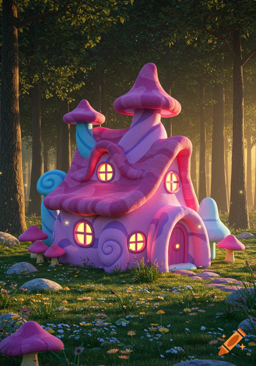 A whimsical pink and purple mushroom house with glowing windows in a magical forest at sunset, surrounded by tiny flowers.