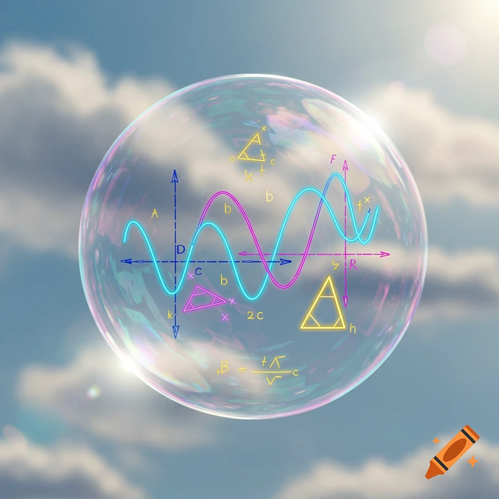 A translucent bubble floats against a bright blue sky with scattered clouds. Inside the bubble, neon blue and pink wavy graphs, geometric triangles, and various mathematical symbols and letters glow.