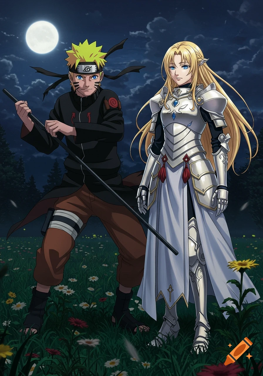 Naruto in black ninja attire with a staff and Artoria Pendragon in white armor stand in a moonlit field.
