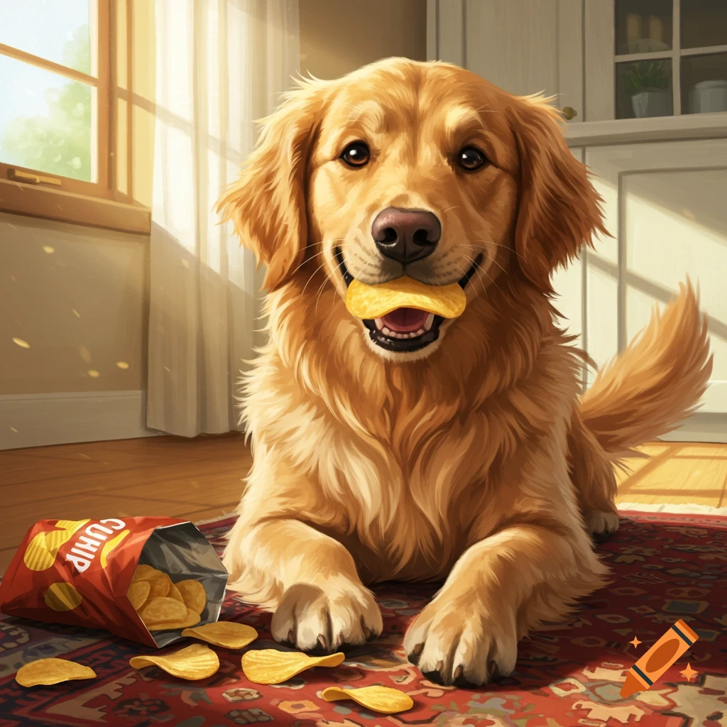 A golden retriever dog with a potato chip in its mouth, lying on a rug next to an open bag of chips. Photorealistic.