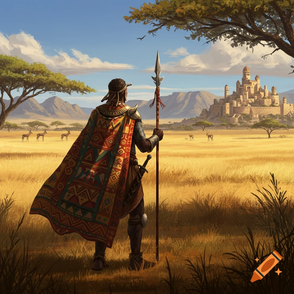 A warrior in vibrant cloak stands in a savanna, gazing at a distant medieval castle under a blue sky.