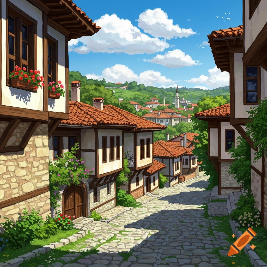 Anime painting of a narrow cobblestone street with traditional Bulgarian houses in old Plovdiv, featuring red roofs, stone walls, and spring greenery under a blue sky.