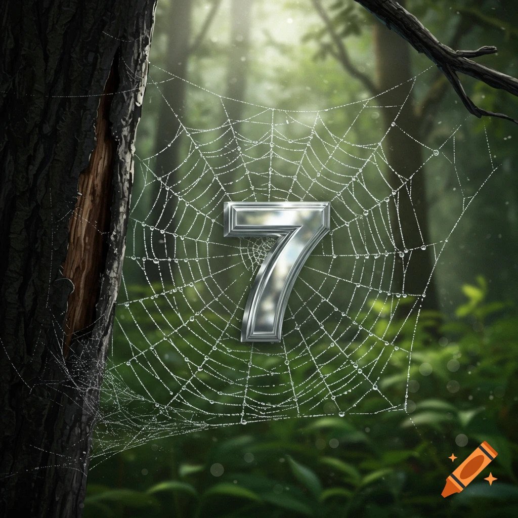 A shiny silver number 7 suspended in a dew-covered spider web in a sunlit, lush green forest.