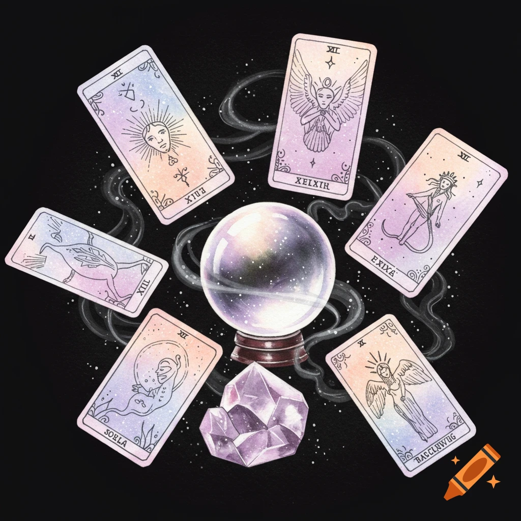 Watercolor illustration of a crystal ball surrounded by six pastel tarot cards and purple crystals on a black background.