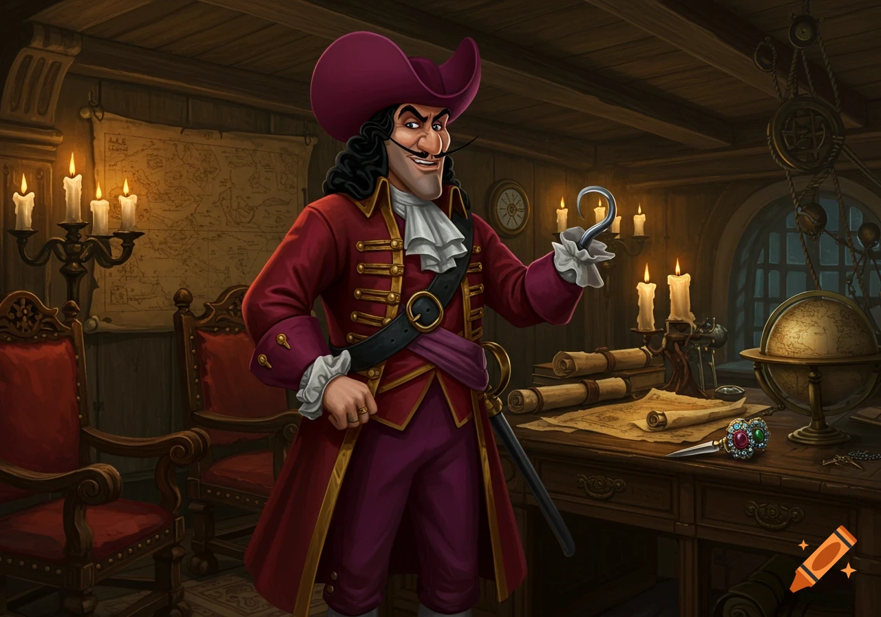 Cartoon Captain Hook in a pirate cabin, smirking and holding his hook, surrounded by maps, candles, and a globe.