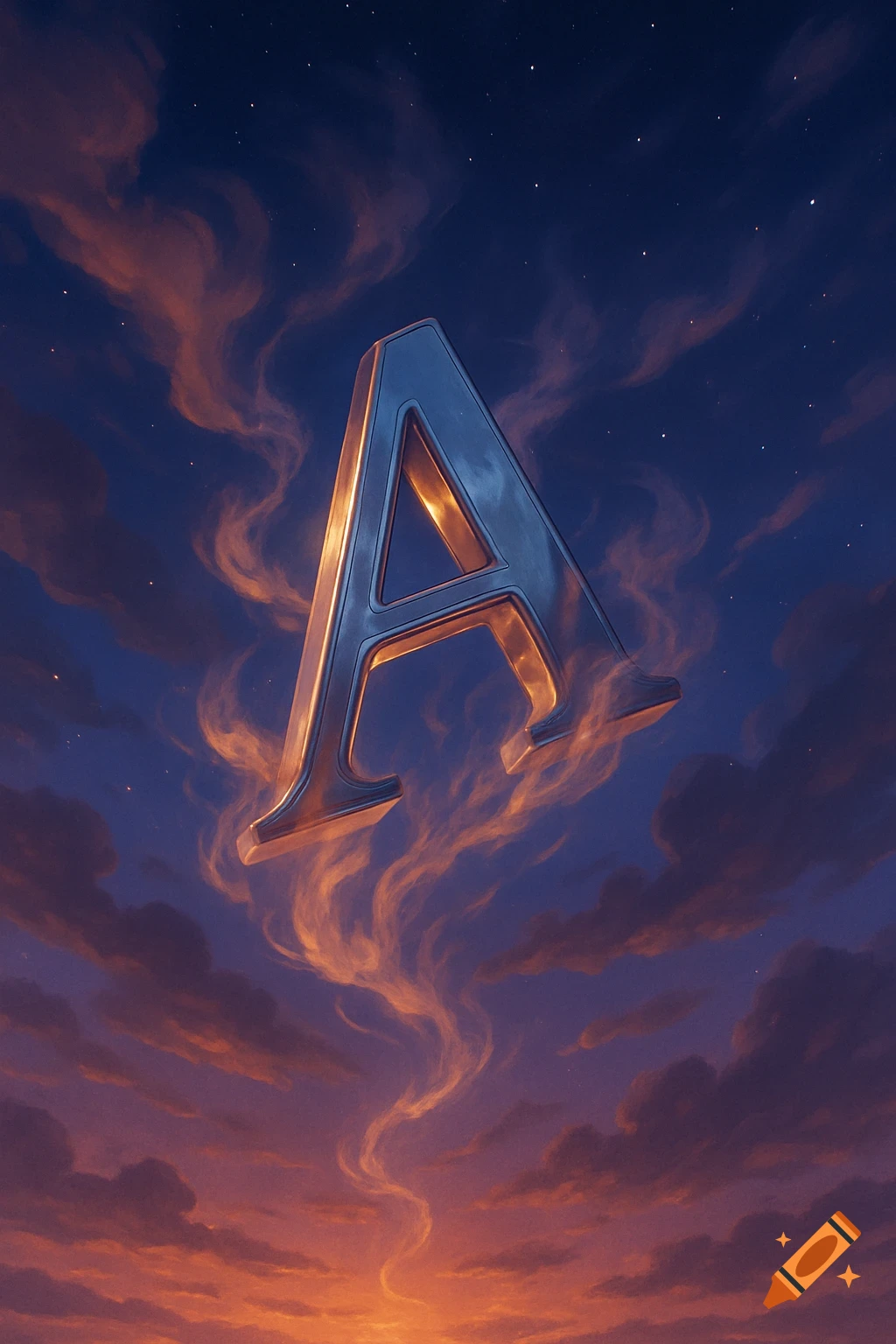 A metallic letter A floats in a dramatic night sky with orange and purple clouds and subtle stars.