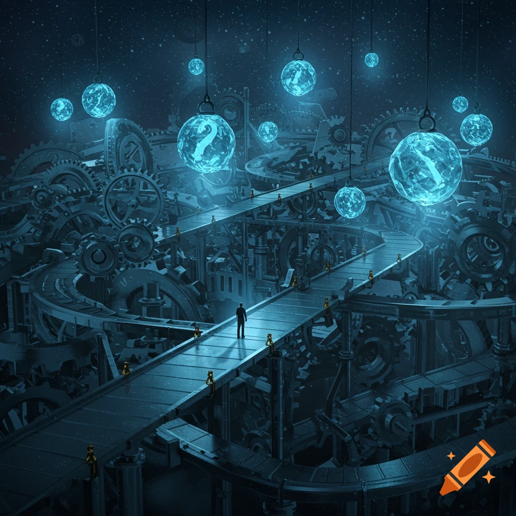 A lone figure walks on a path above intricate gears and machinery, under a starry sky with glowing question mark orbs.