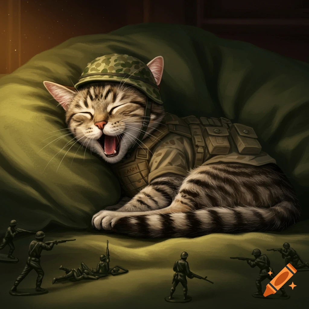 A sleepy tabby cat in a camo army helmet and tactical vest yawns on a green bed, surrounded by toy soldiers.