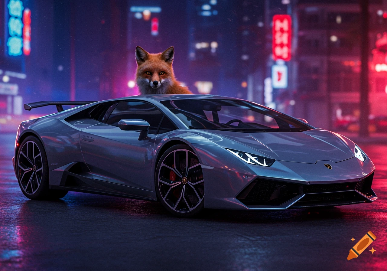 A photorealistic red fox sits in a grey Lamborghini sports car on a wet city street at night with neon signs.