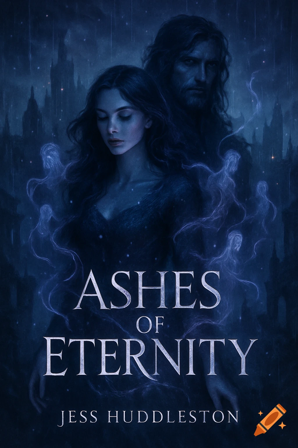 Dark fantasy book cover illustration of a woman with closed eyes and a man behind her, surrounded by glowing ghostly figures and a ruined city in the rain.