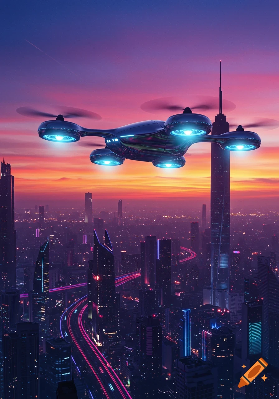 A futuristic drone with glowing blue lights flies over a vibrant, neon-lit cyberpunk city at sunset, with illuminated highways.