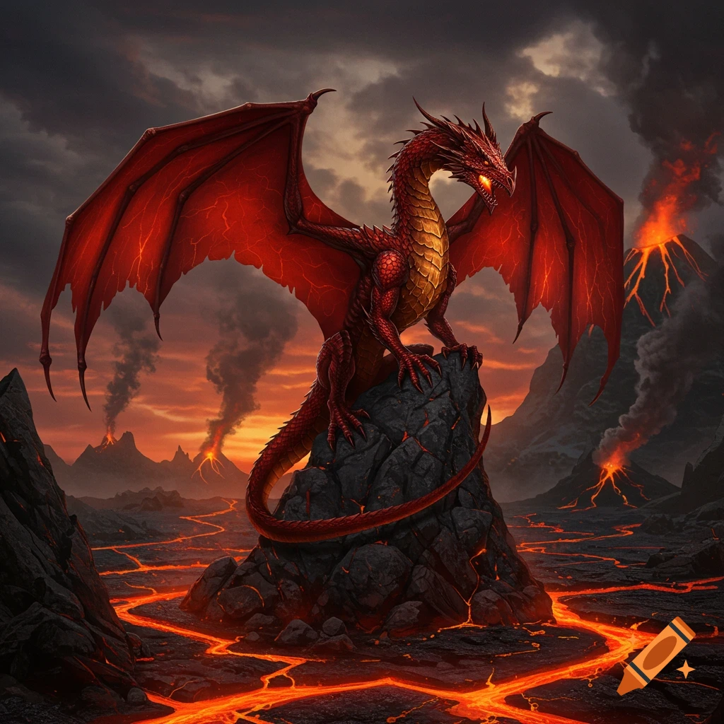 A majestic red dragon with glowing eyes sits atop a rock amidst a fiery volcanic landscape with lava flows and erupting volcanoes at sunset, digital art.