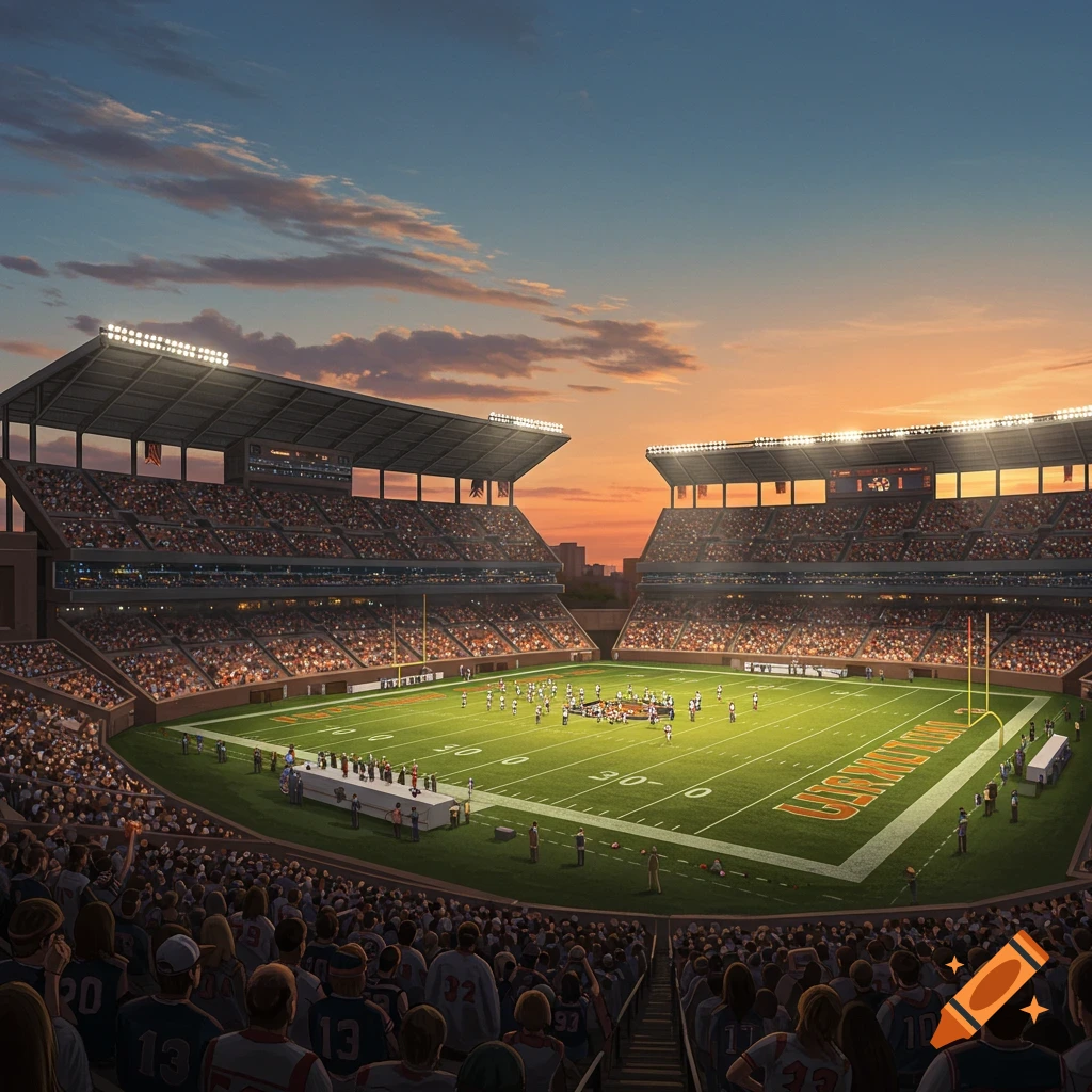 A wide view of a football stadium filled with fans at sunset, with the field lights on.