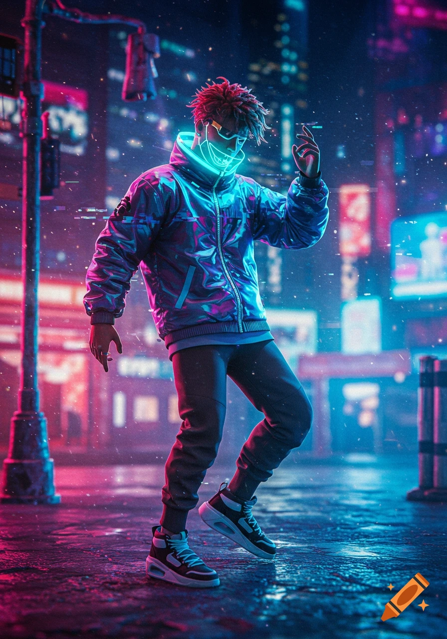 A person in a glowing neon mask and reflective jacket stands on a wet cyberpunk street at night.