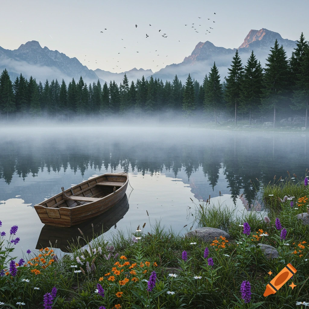 A wooden rowboat floats on a misty lake surrounded by pine forests and mountains, with colorful wildflowers in the foreground. Photorealistic.