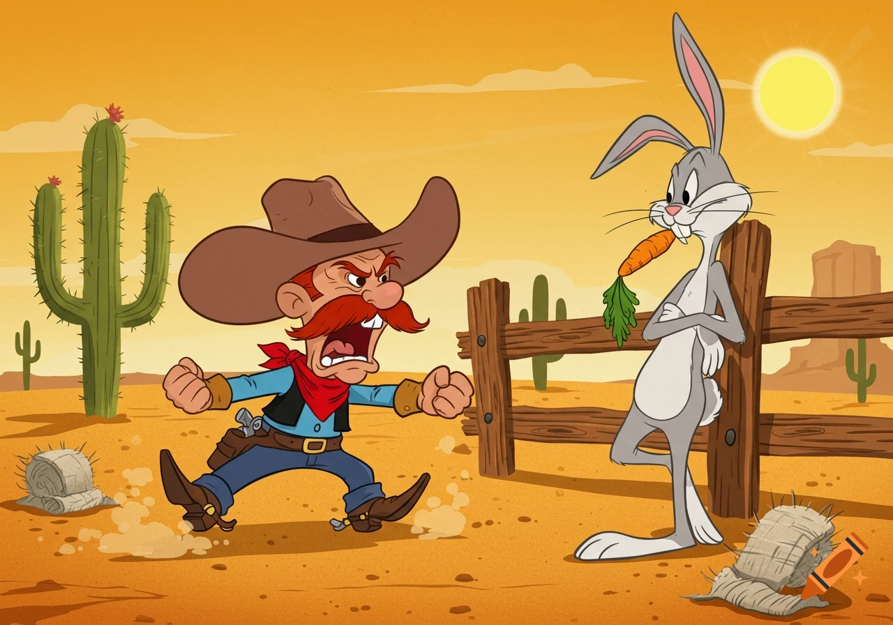 A cartoon cowboy yells furiously at a calm rabbit leaning on a fence, eating a carrot in a desert.