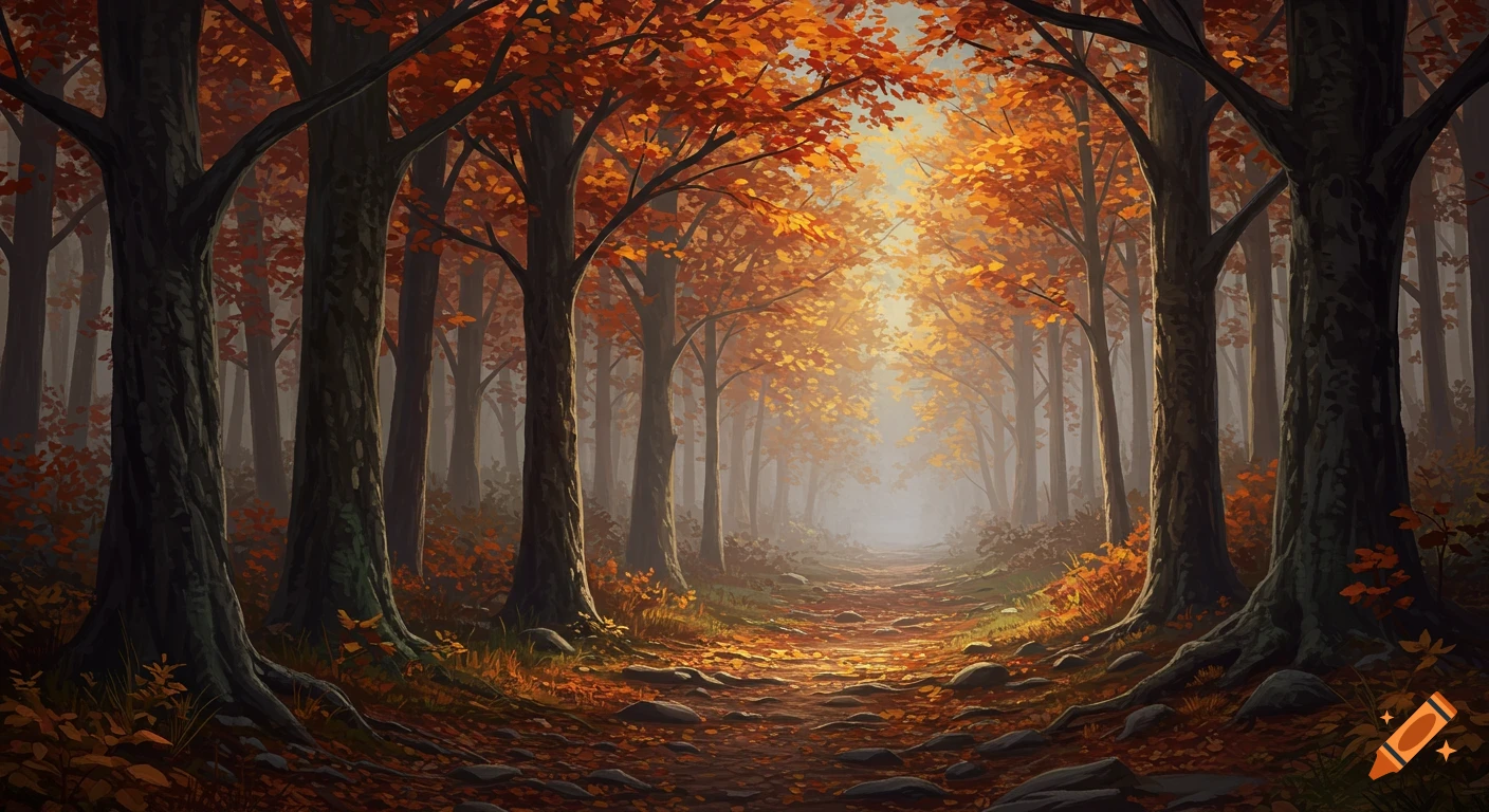 A tranquil autumn forest path winding through towering trees with vibrant orange, red, and gold leaves, bathed in misty sunlight.