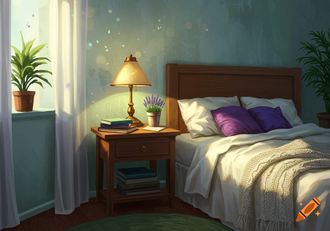 Cozy illustrated bedroom with morning light, a bed, nightstand, lamp, and potted plants.
