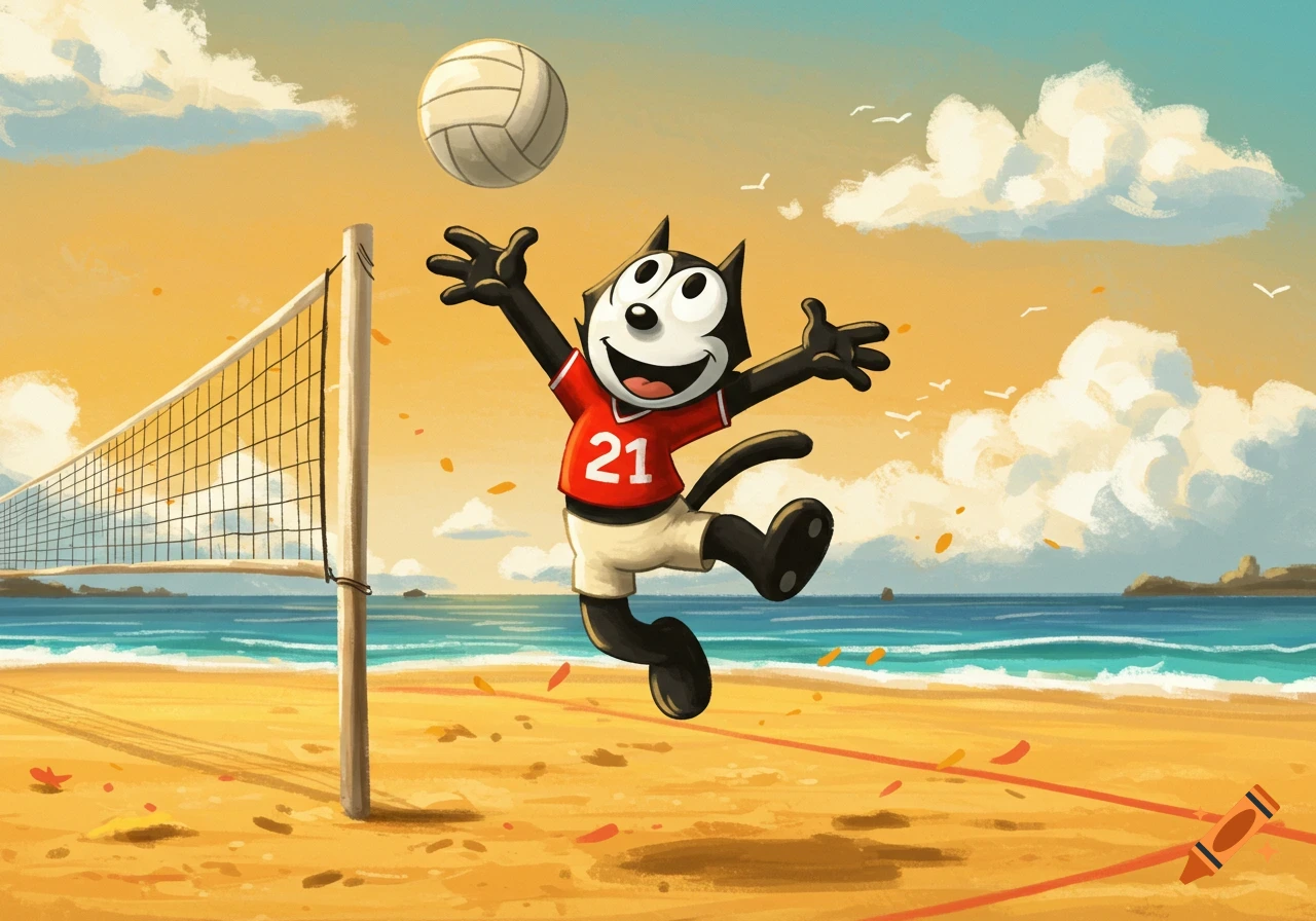 Cartoon illustration of Felix the Cat jumping to hit a volleyball on a sunny beach.