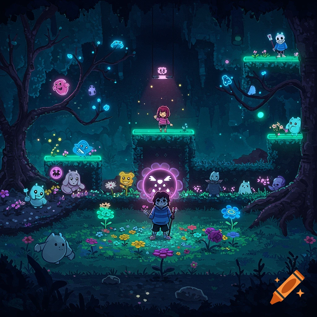 Cartoon characters in a glowing, dark forest environment with floating platforms and colorful flowers, reminiscent of a video game.