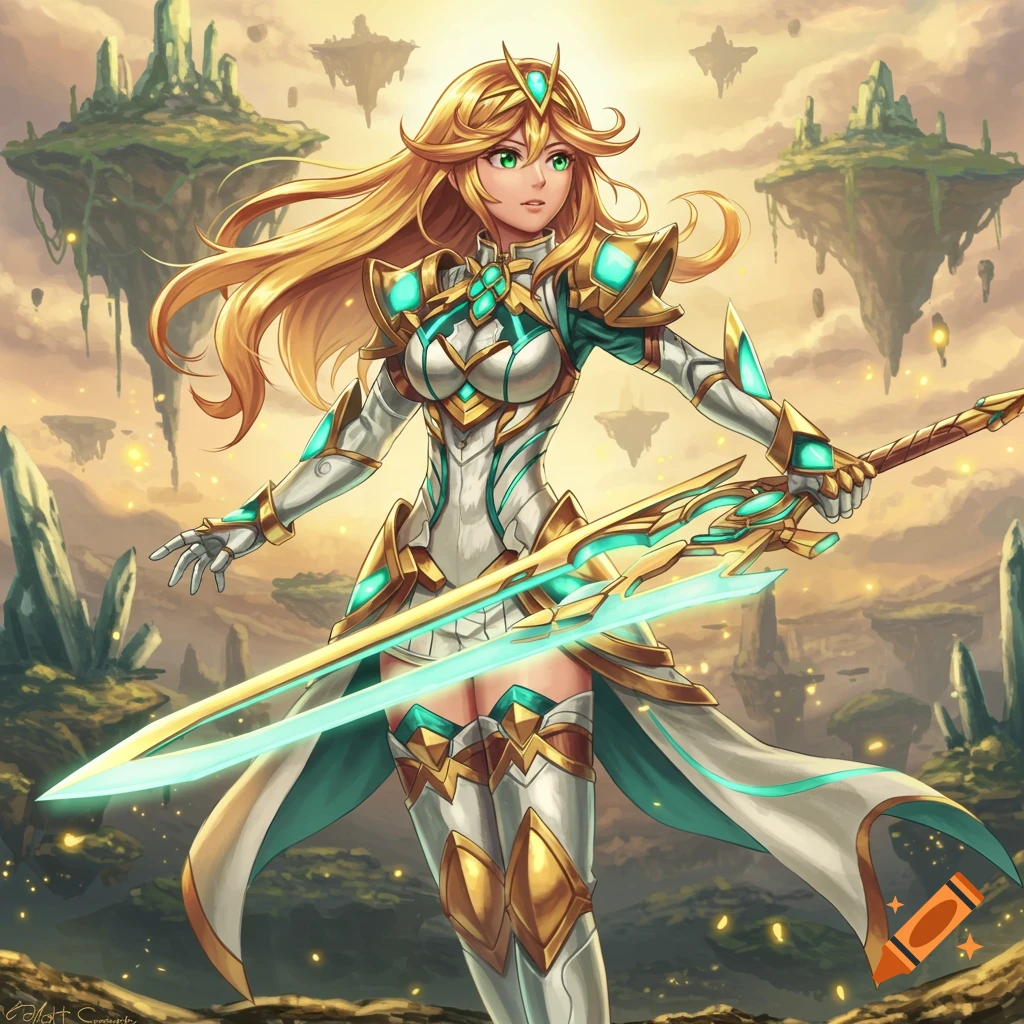 Anime warrior Mythra in white and gold armor, holding a glowing sword, stands in a fantasy landscape with floating islands.