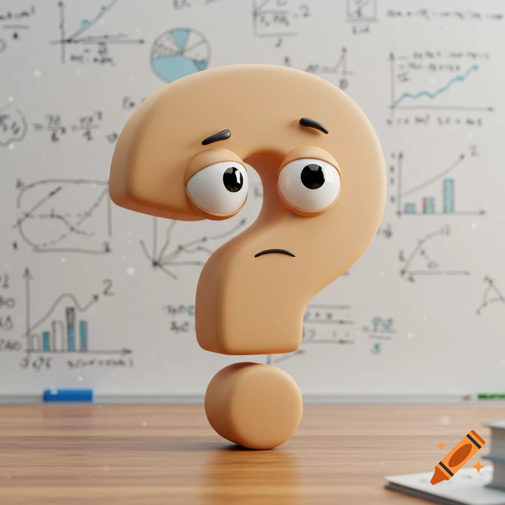 A sad 3D animated question mark character sits on a wooden desk in front of a whiteboard covered in mathematical equations and graphs.