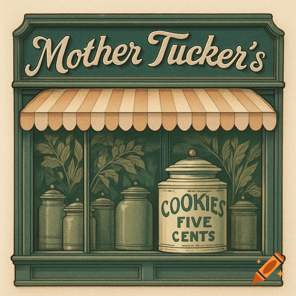 A vintage storefront logo with 'Mother Tucker's' sign, a striped awning, foliage in the windows, and canisters, one labeled 'COOKIES FIVE CENTS'.