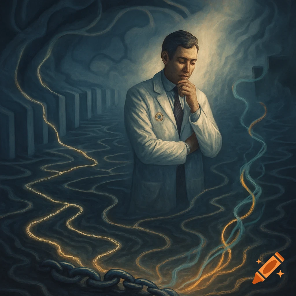 A man in a white lab coat stands deep in thought within a dark, abstract, maze-like environment with glowing lines and a heavy chain.