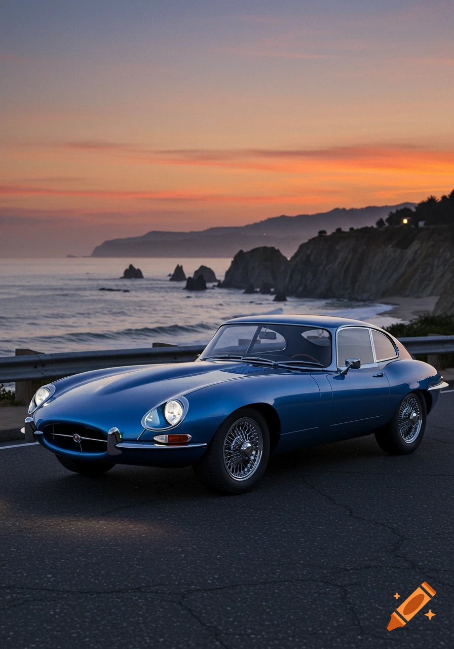 Blue 1967 Jaguar XKE parked on a coastal road at sunset, with ocean and cliffs in the background, photorealistic.