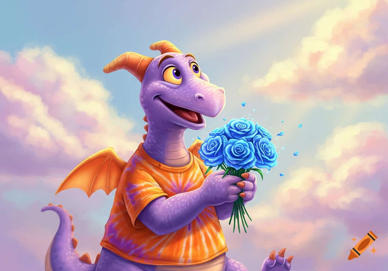Cartoon illustration of a cheerful purple dragon in a tie-dye shirt holding a bouquet of blue roses against a cloudy sky.
