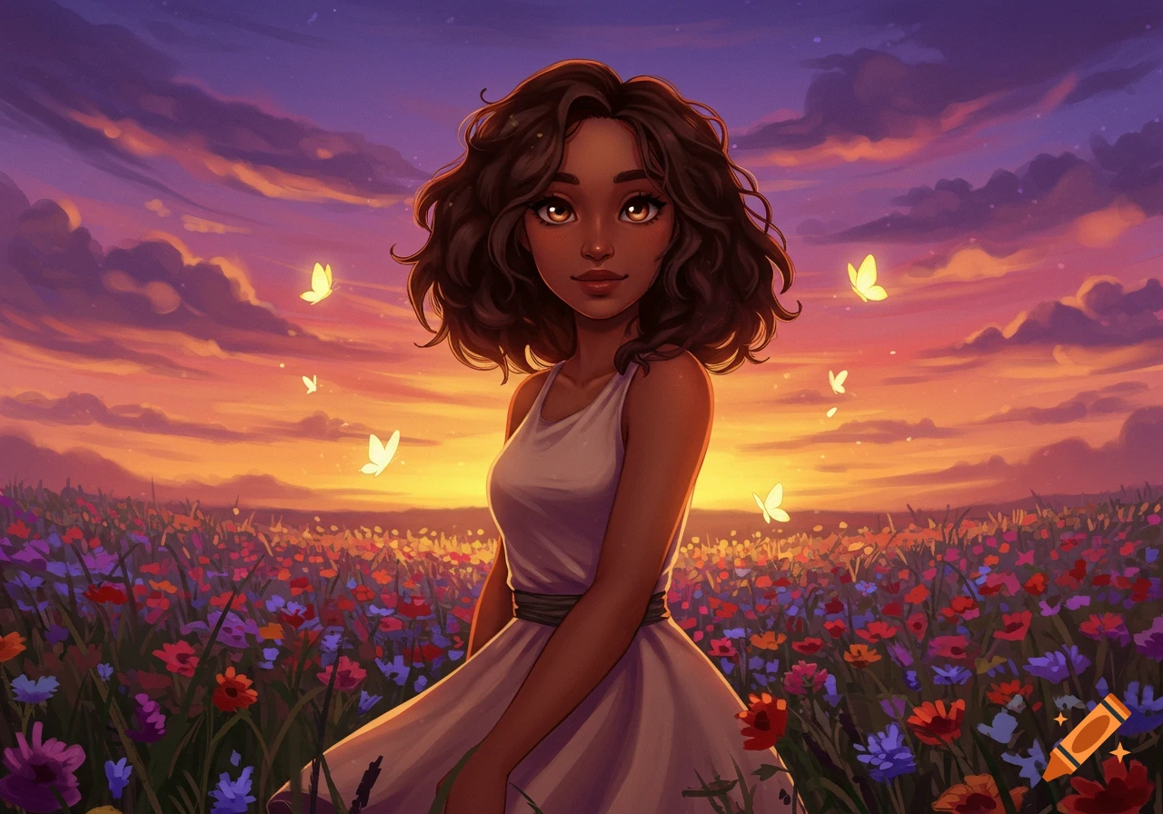 A stylized girl with dark curly hair and amber eyes stands in a vibrant field of flowers under a sunset sky with butterflies.